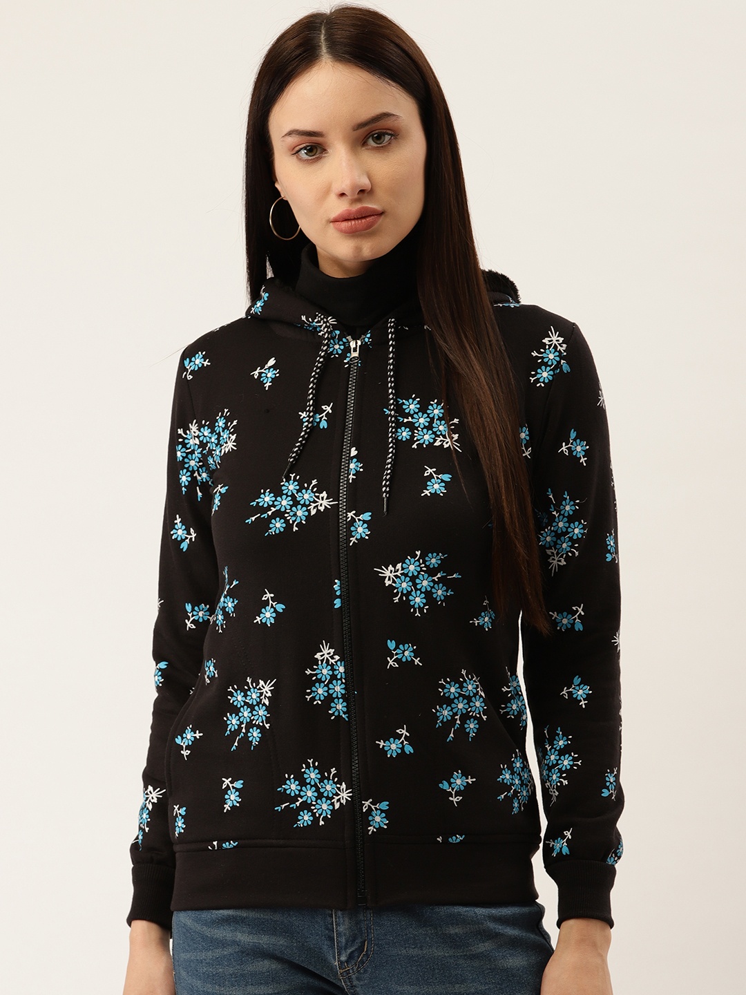 

Darzi Women Black & Blue Printed Hooded Sweatshirt