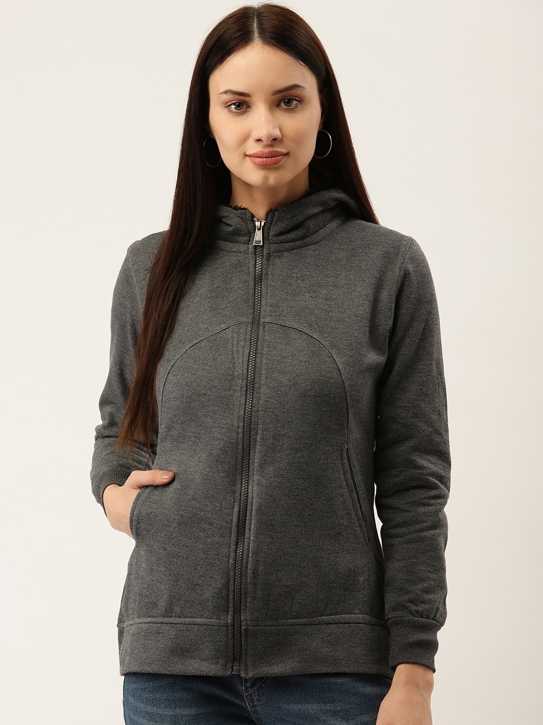 

Darzi Women Charcoal Grey Solid Hooded Sweatshirt