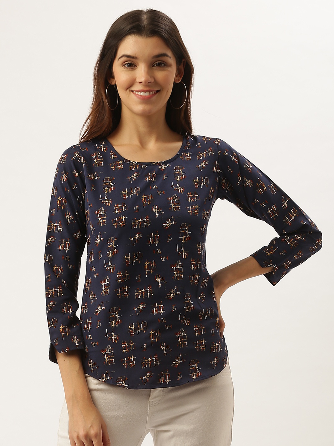 

Darzi Women Navy Blue & Rust Orange Printed Regular Top