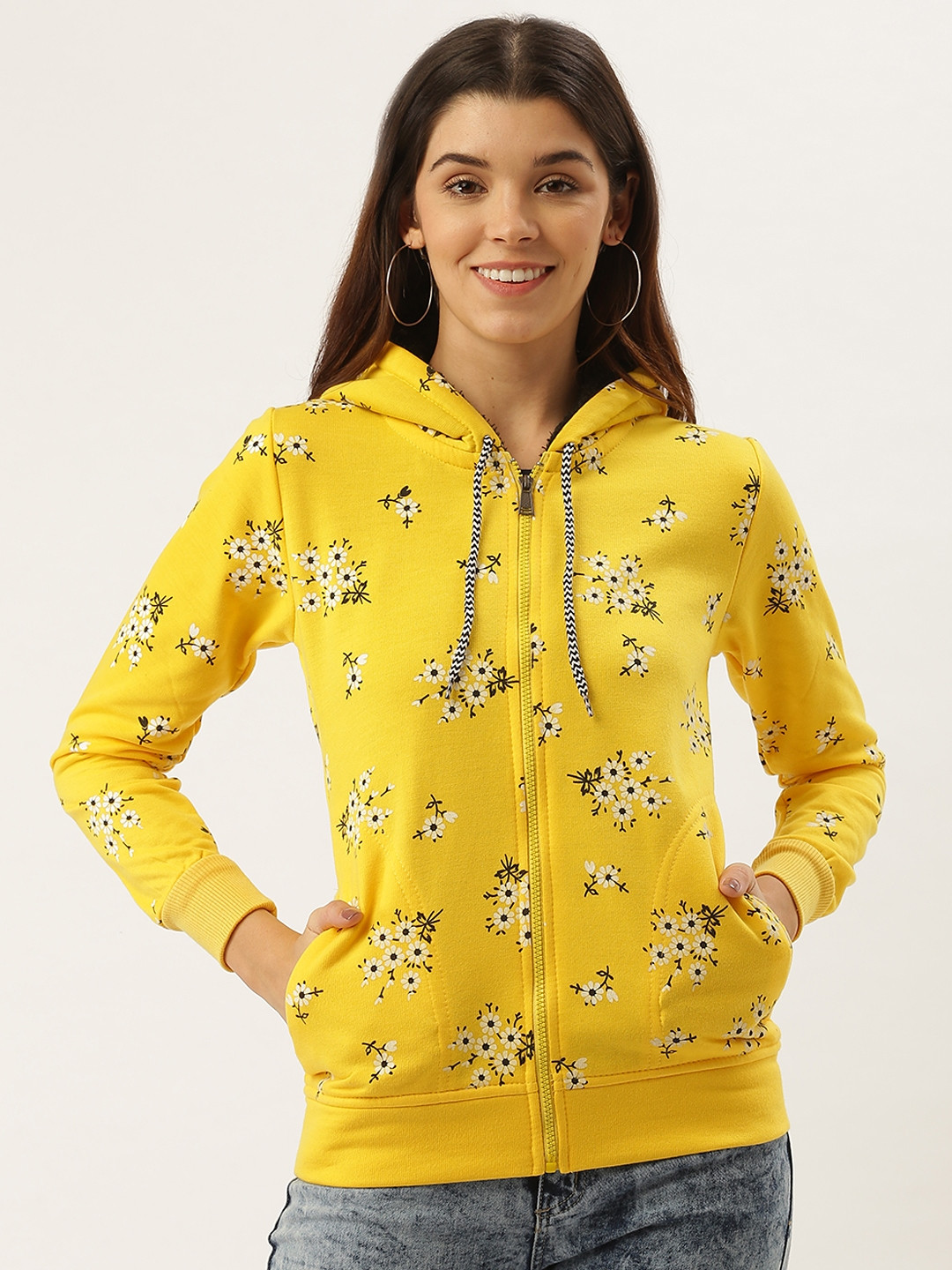 

Darzi Women Yellow & Off-White Printed Hooded Sweatshirt