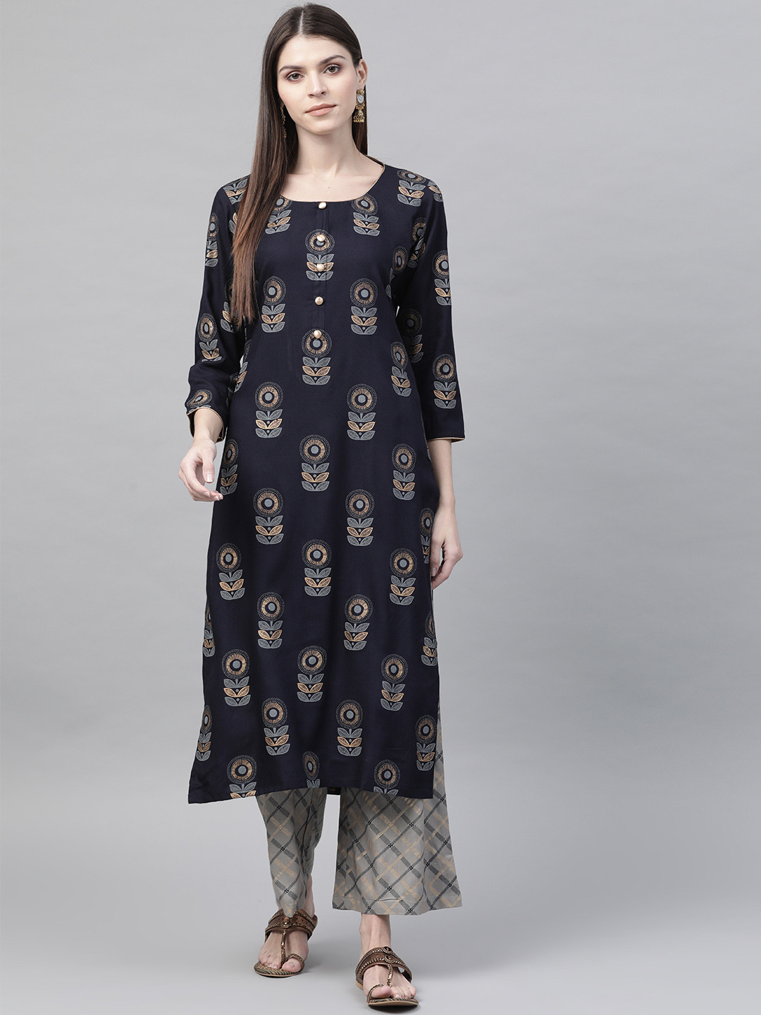 

AHIKA Women Navy Blue & Grey Printed Kurta with Palazzos