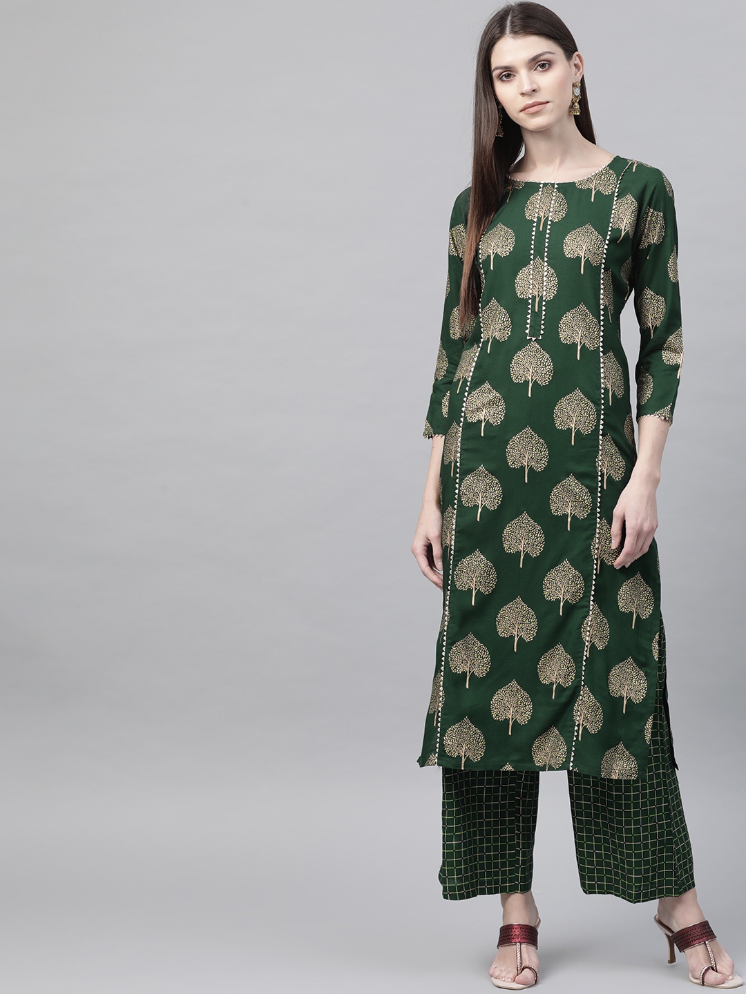 

AHIKA Women Green & Golden Printed Kurta with Palazzos