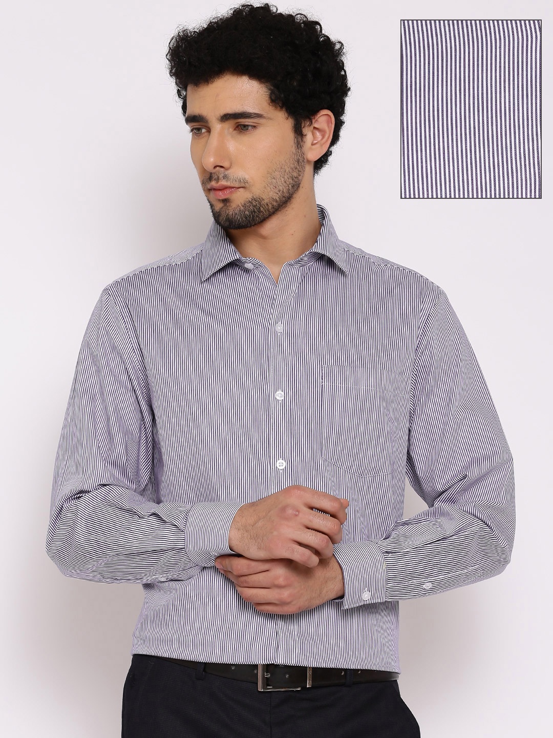 

John Players Navy & White Striped Slim Fit Formal Shirt, Navy blue