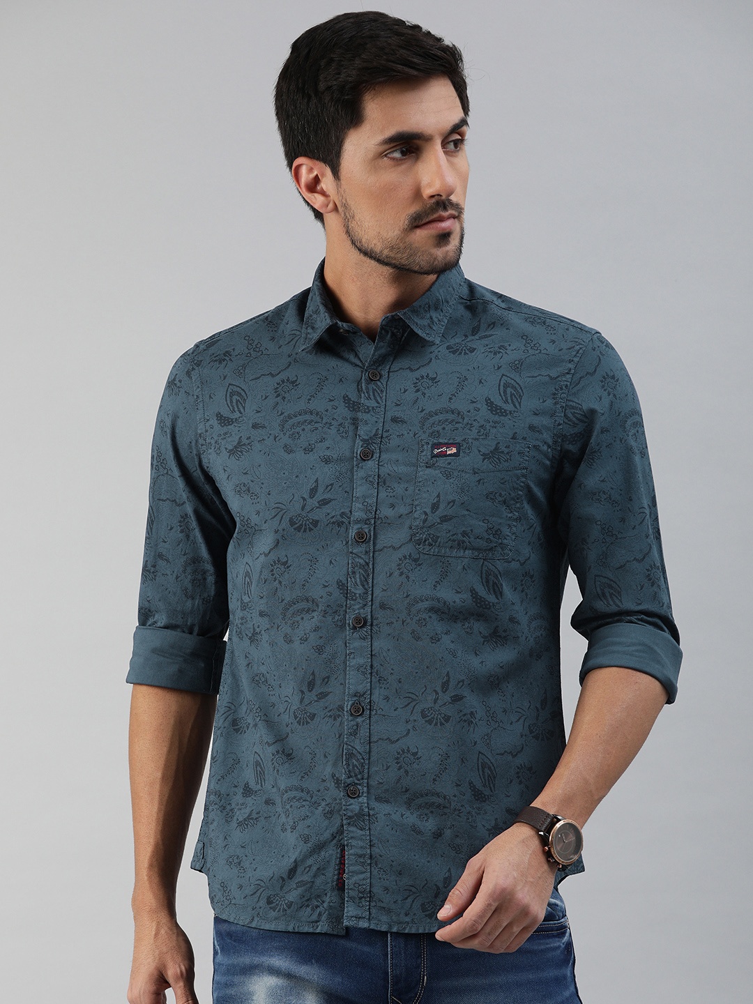 

U.S. Polo Assn. Denim Co. Men Navy Blue Slim Fit Printed Pure Cotton Casual Shirt