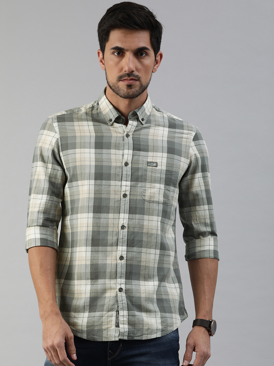 

U.S. Polo Assn. Denim Co. Men Grey & Beige Slim Fit Checked Pure Cotton Casual Shirt