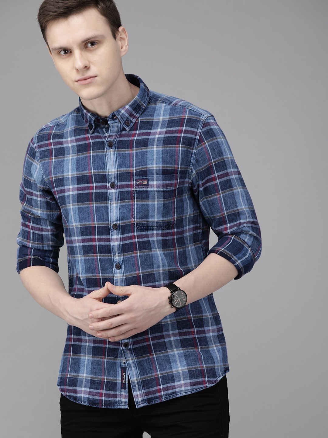 

U.S. Polo Assn. Denim Co. Men Blue & Maroon Slim Fit Checked Casual Shirt