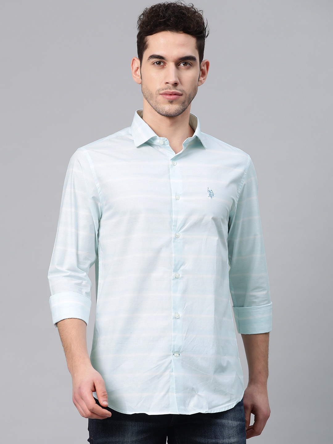 

U.S. Polo Assn. Denim Co. Men Blue & White Pure Cotton Tailored Fit Striped Casual Shirt