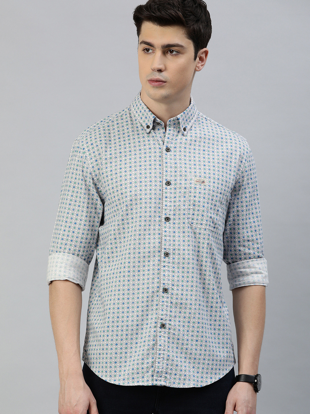

U.S. Polo Assn. Denim Co. Men Grey & Blue Slim Fit Printed Casual Shirt