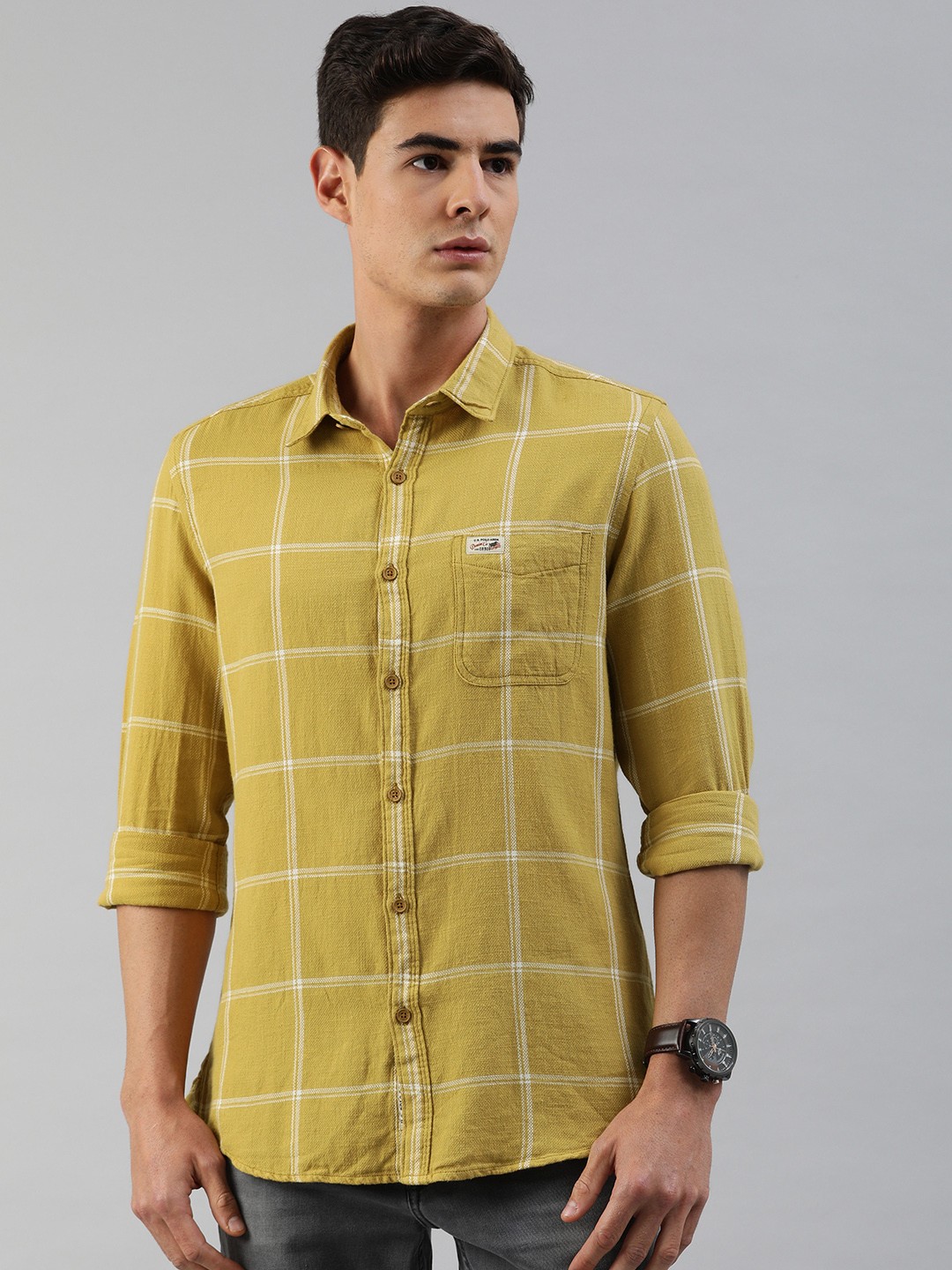 

U.S. Polo Assn. Denim Co. Men Mustard Yellow Slim Fit Checked Pure Cotton Casual Shirt