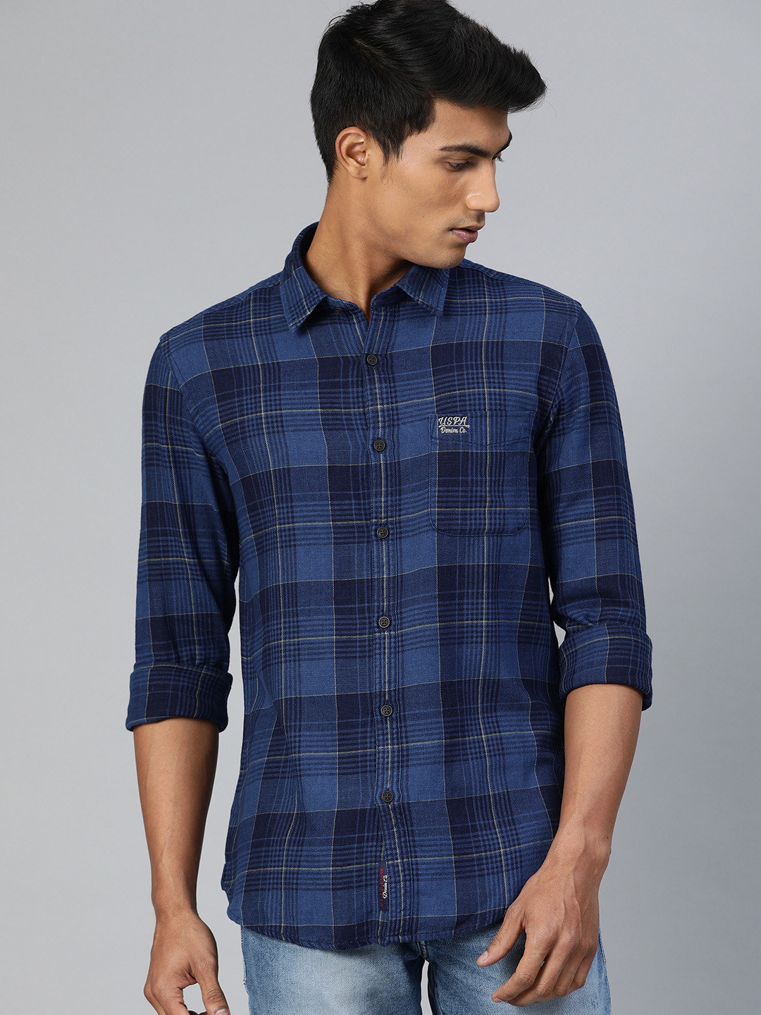

U.S. Polo Assn. Denim Co. Men Navy Blue & Beige Slim Fit Checked Casual Shirt