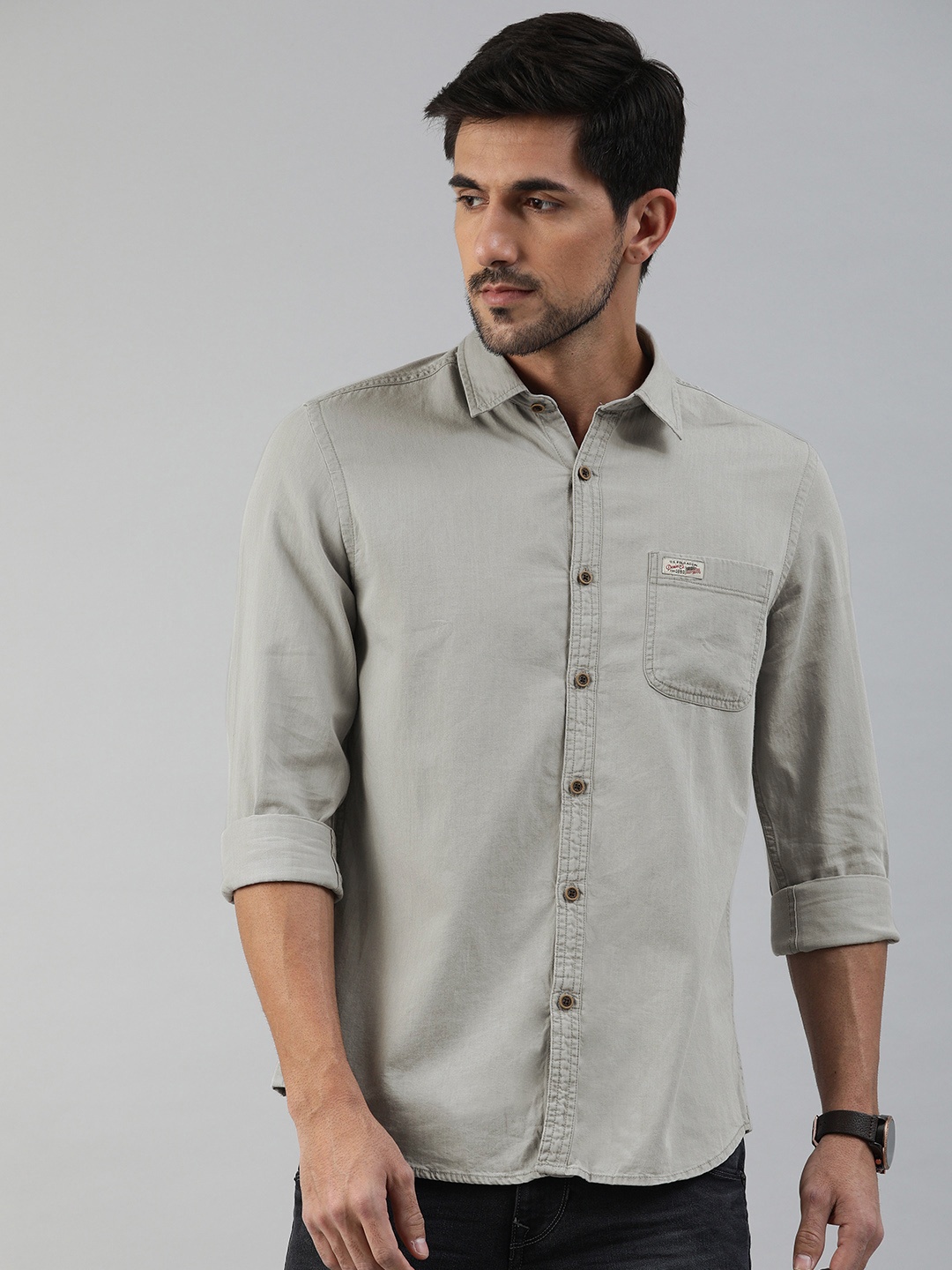 

U.S. Polo Assn. Denim Co. Men Grey Slim Fit Solid Pure Cotton Casual Shirt