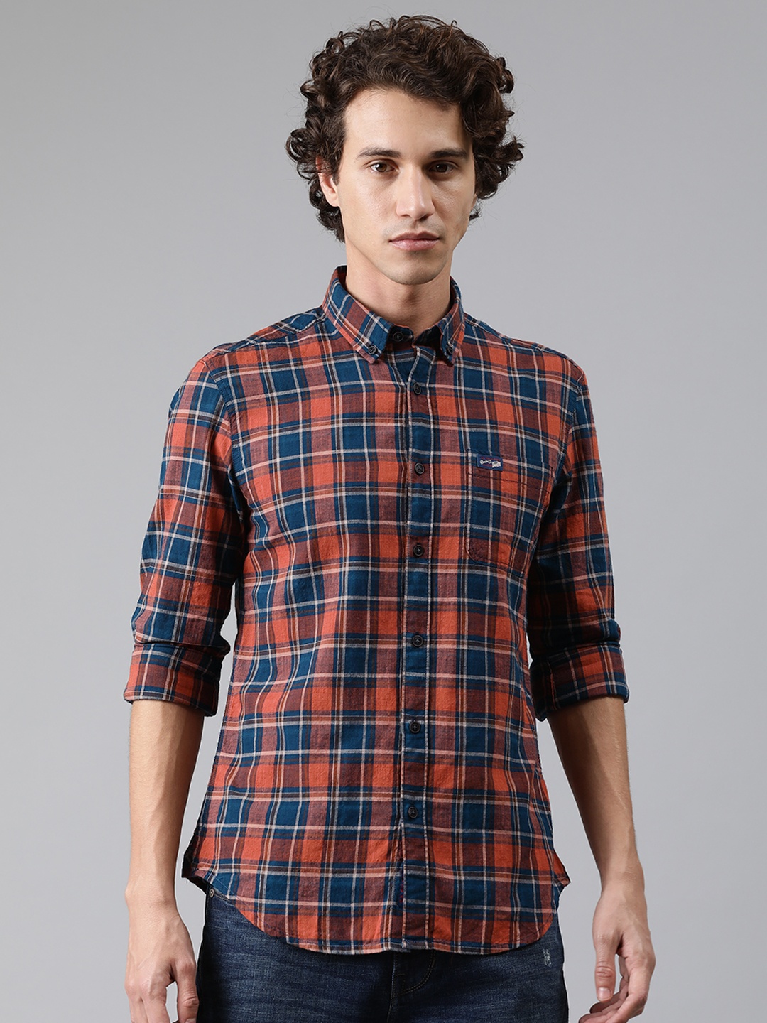 

U.S. Polo Assn. Denim Co. Men Orange & Teal Blue Slim Fit Checked Casual Shirt