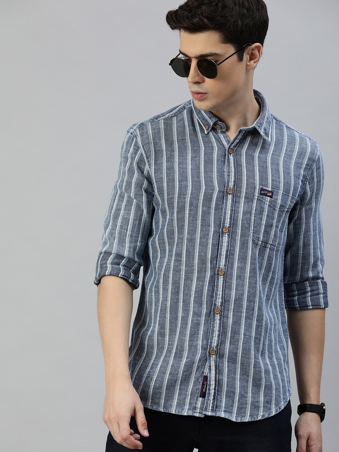 

U.S. Polo Assn. Denim Co. Men Navy Blue & White Slim Fit Striped Casual Shirt