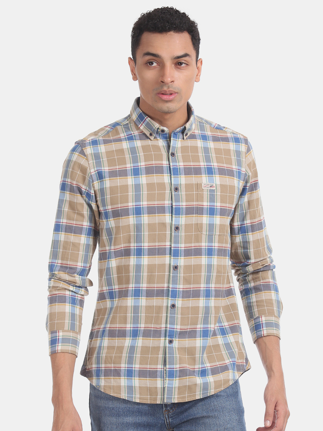 

U.S. Polo Assn. Denim Co. Men Beige & Blue Slim Fit Checked Casual Shirt