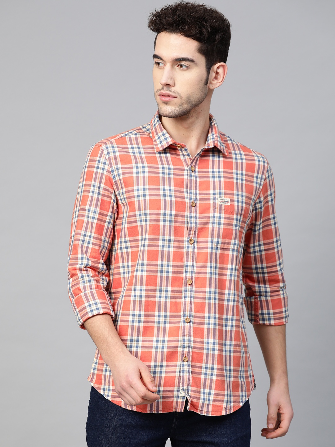 

U.S. Polo Assn. Denim Co. Men Orange & Blue Slim Fit Checked Casual Shirt