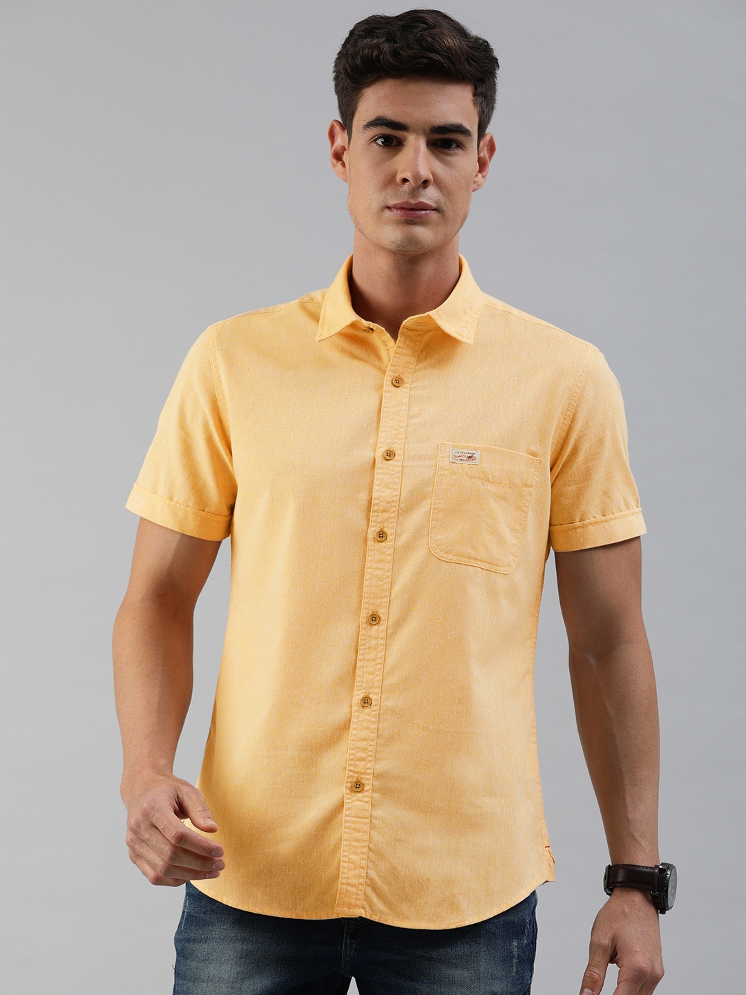 

U.S. Polo Assn. Denim Co. Men Peach-Coloured Slim Fit Solid Casual Shirt