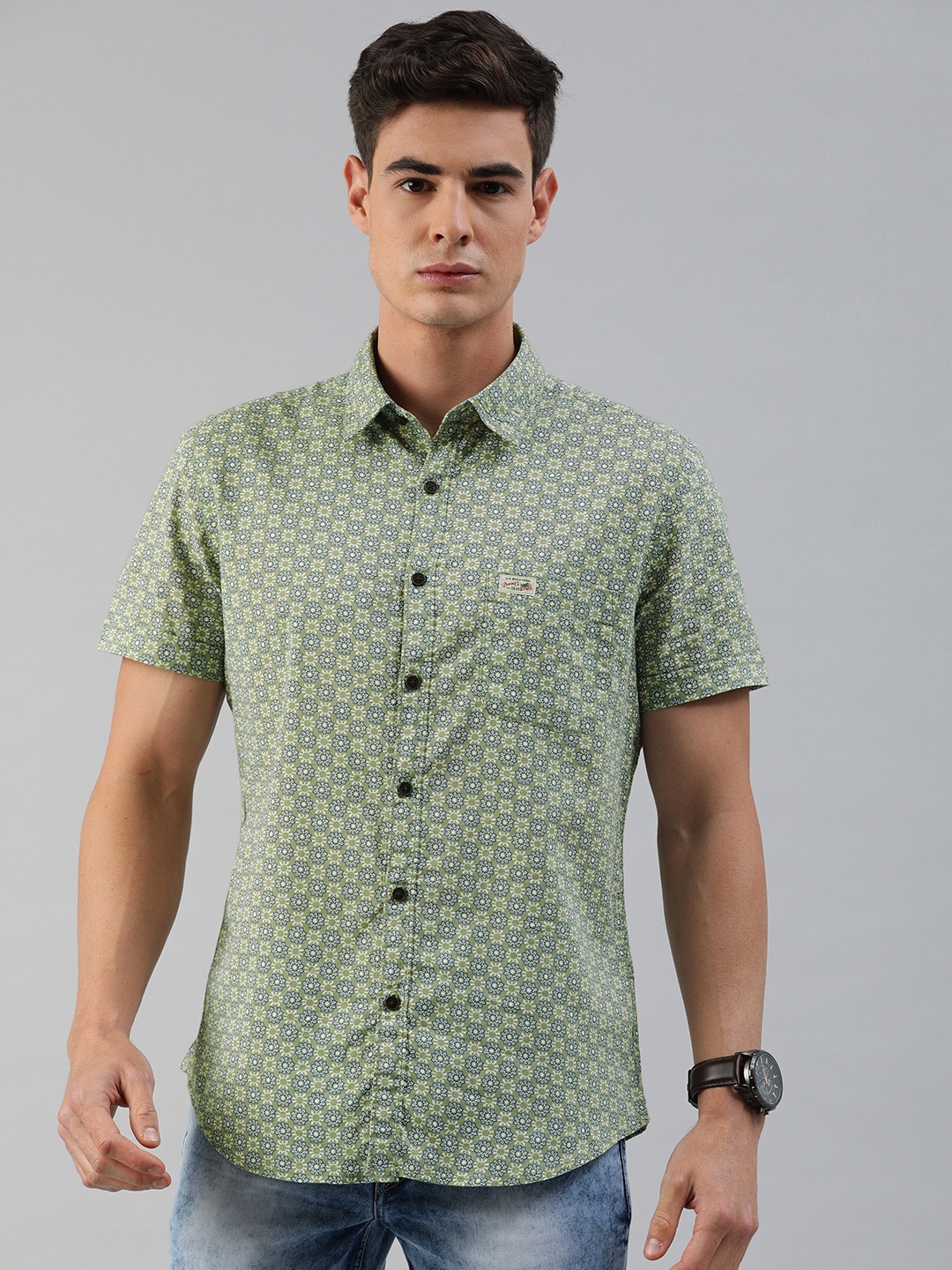 

U.S. Polo Assn. Denim Co. Men Olive Green Slim Fit Printed Pure Cotton Casual Shirt