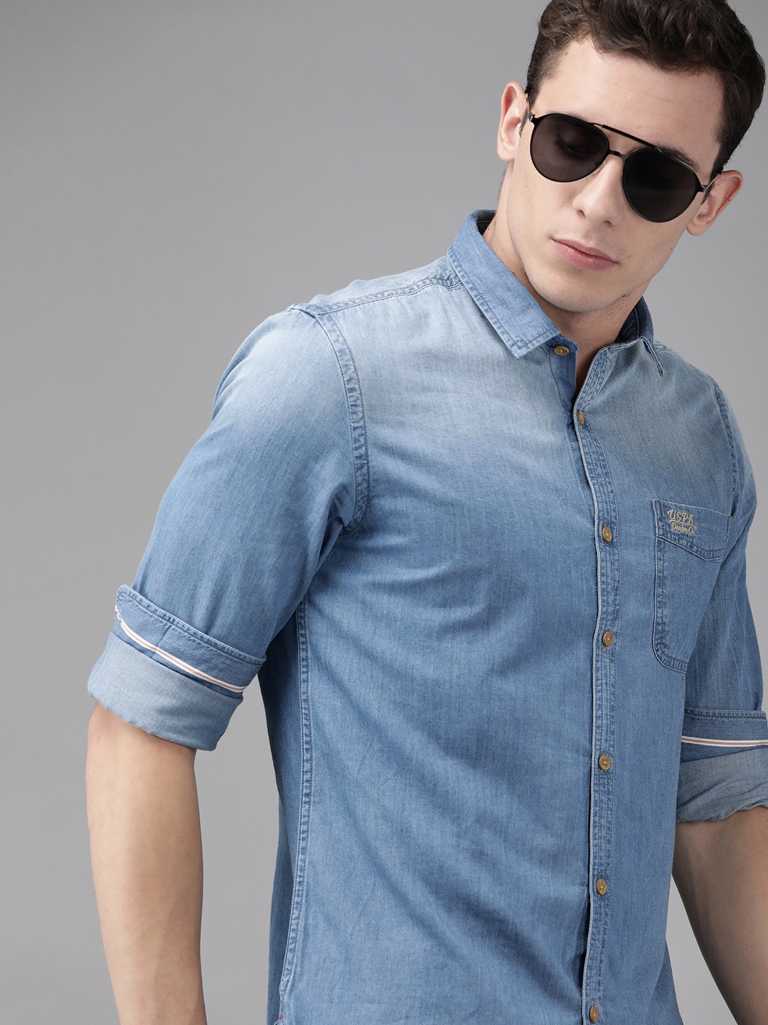 

U.S. Polo Assn. Denim Co. Men Blue Slim Fit Solid Casual Chambray Shirt