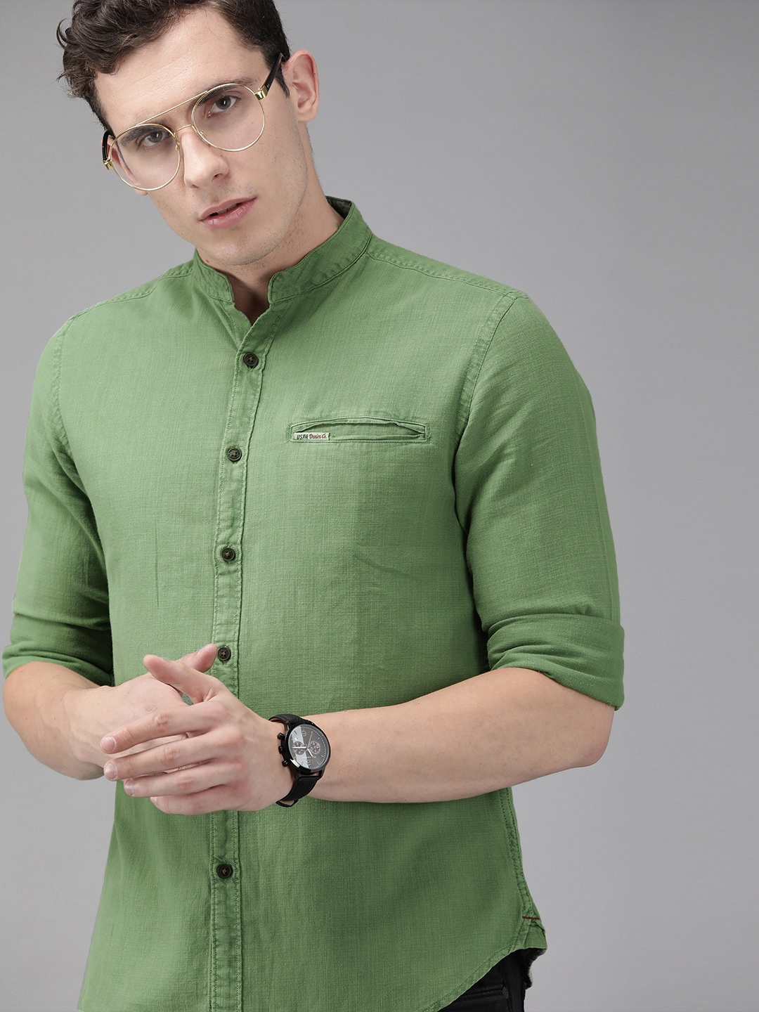 

U.S. Polo Assn. Denim Co. Men Olive Green Slim Fit Solid Casual Shirt