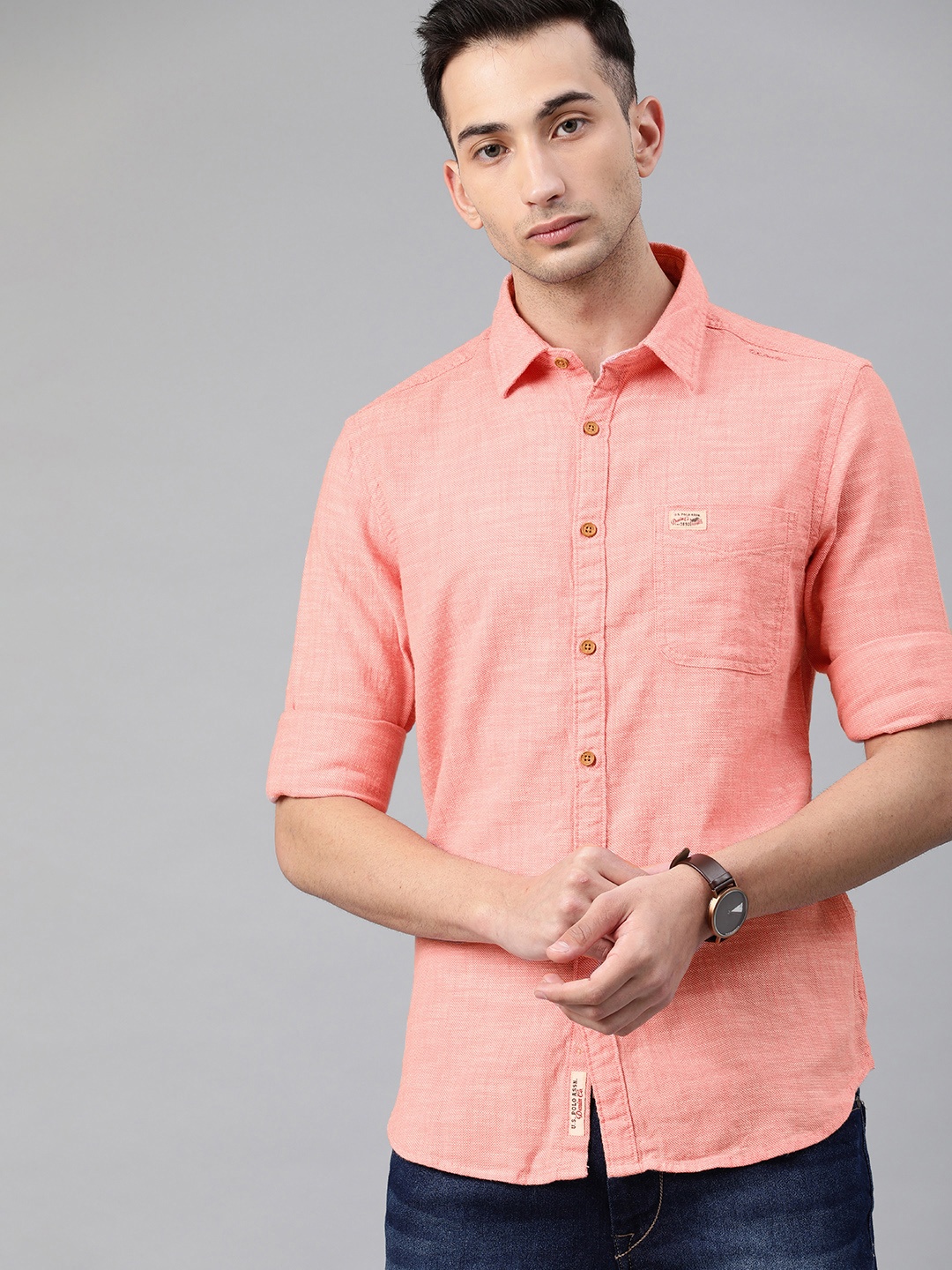

U.S. Polo Assn. Denim Co. Men Coral-Orange Slim Fit Solid Casual Shirt