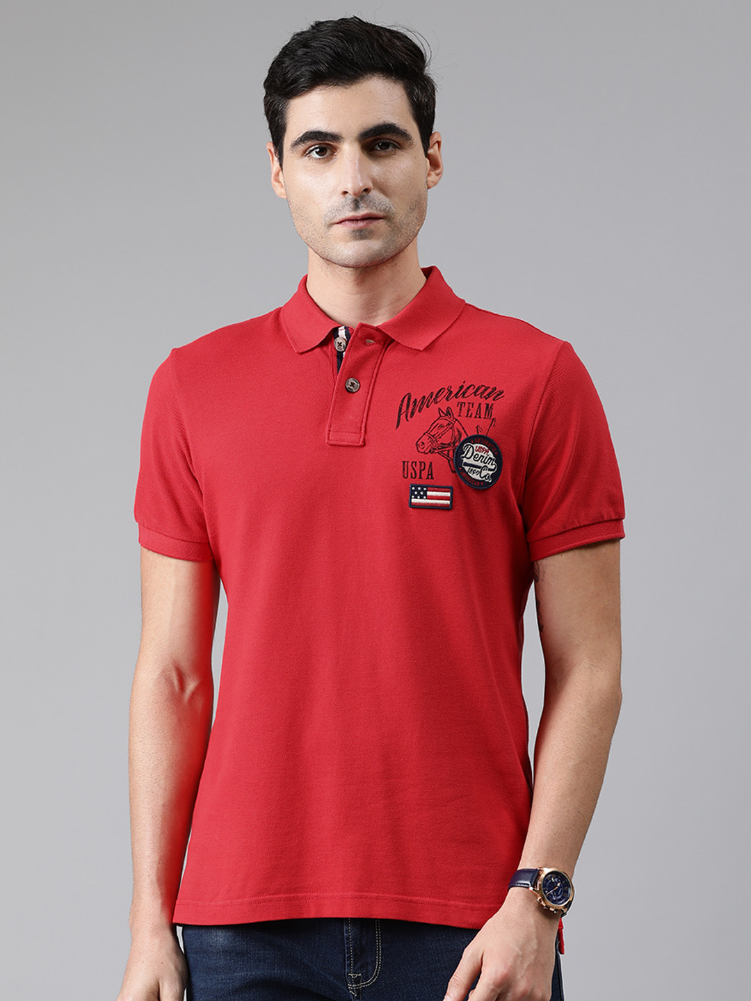 

U.S. Polo Assn. Denim Co. Men Red Solid Polo Collar Pure Cotton T-shirt