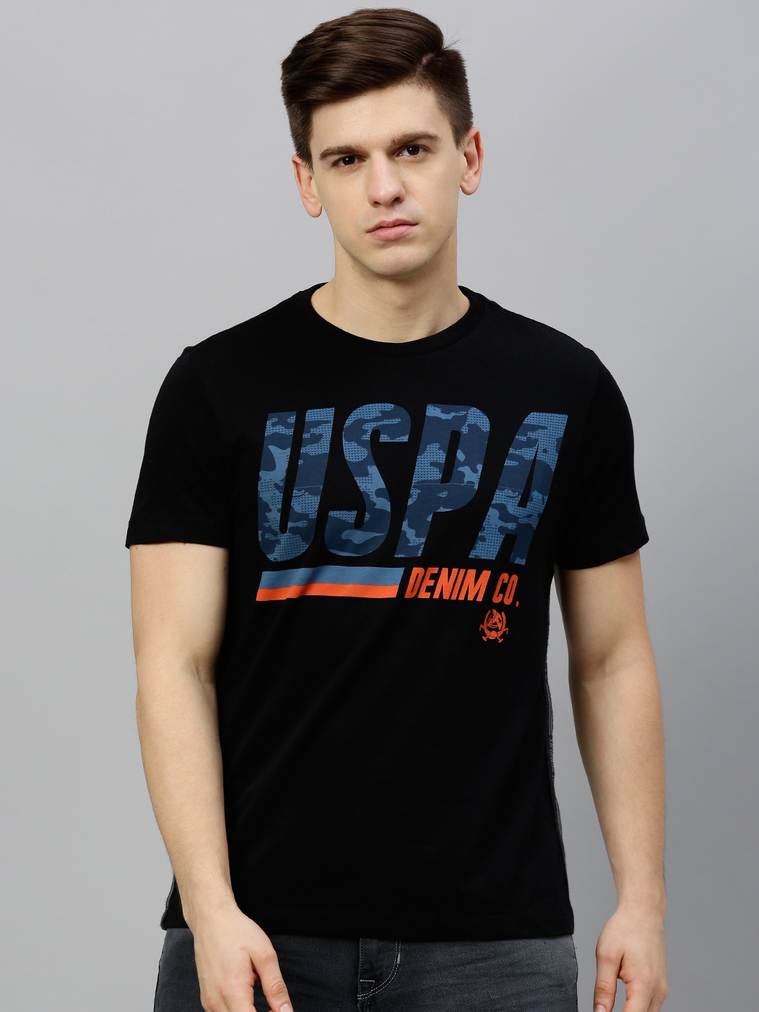 

U.S. Polo Assn. Denim Co. Men Black Blue Printed Round Neck Pure Cotton T-shirt