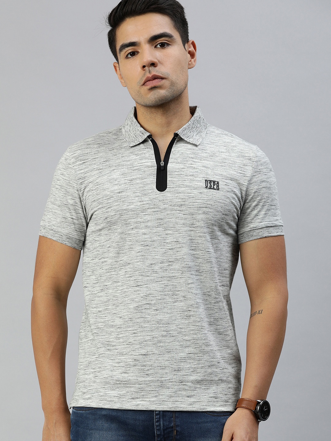 

U.S. Polo Assn. Denim Co. Men Grey Melange Solid Polo Collar T-shirt