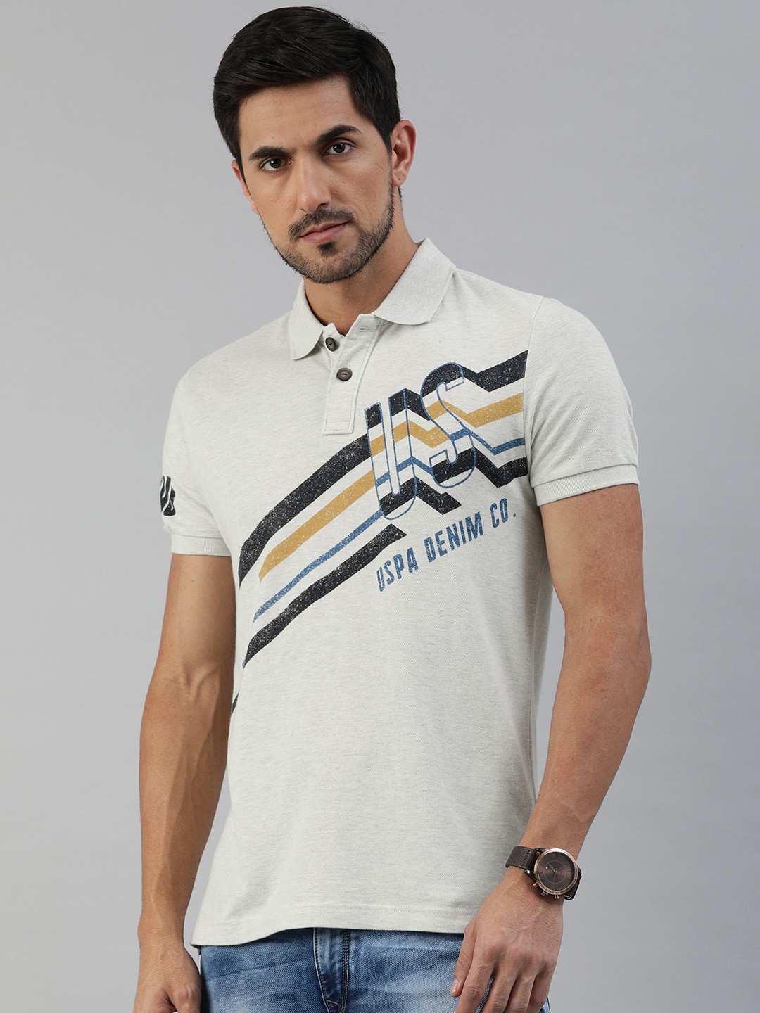 

U.S. Polo Assn. Denim Co. Men White Printed Polo Collar Pure Cotton T-shirt