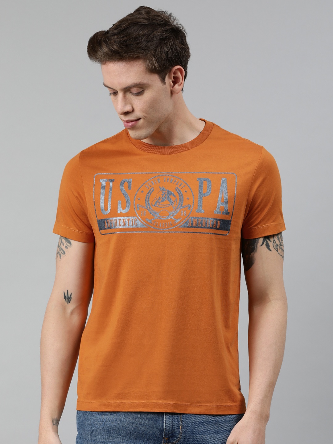 

U.S. Polo Assn. Denim Co. Men Rust Orange Pure Cotton Printed Round Neck Pure Cotton T-shirt