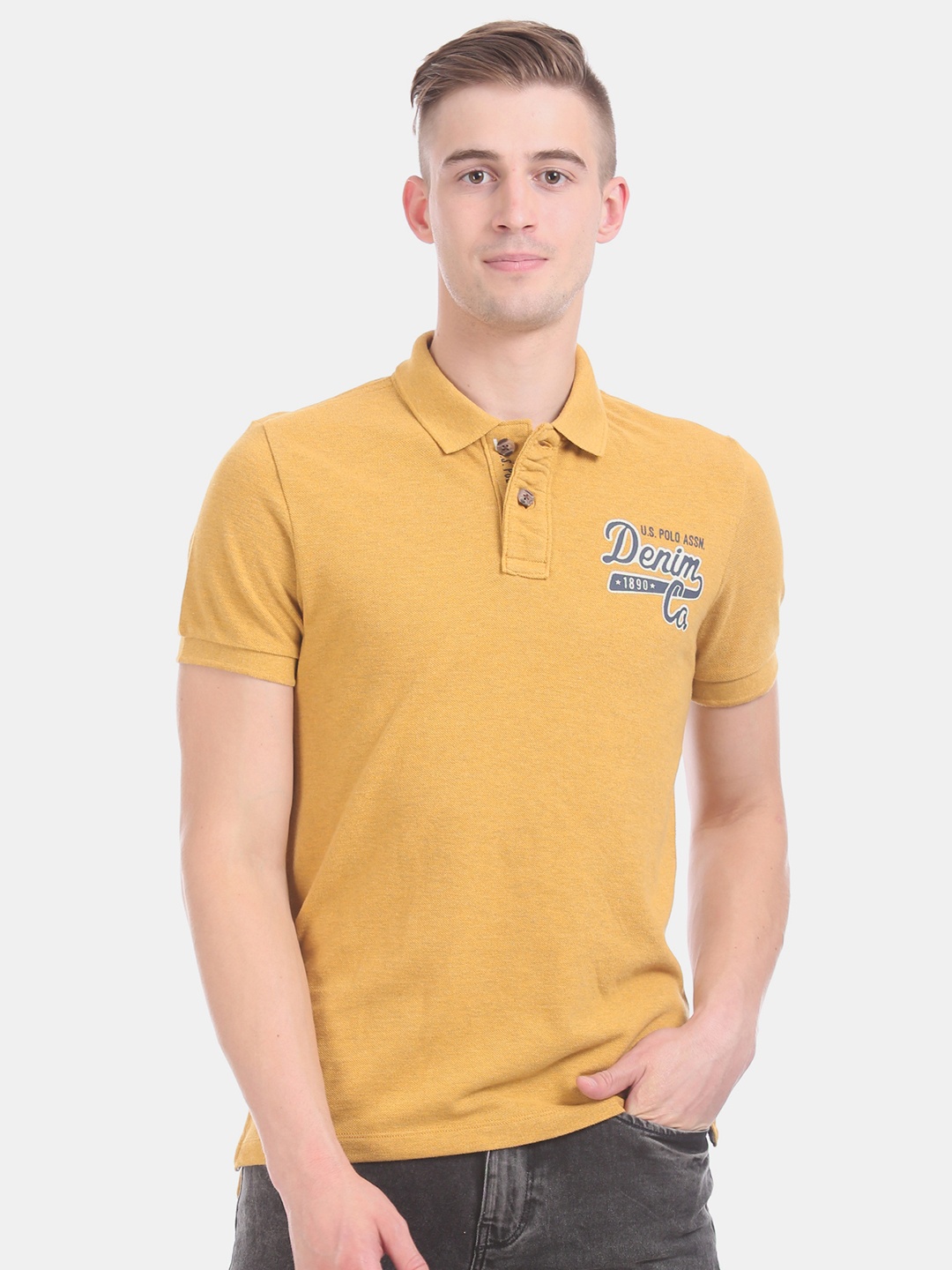 

U.S. Polo Assn. Denim Co. Men Mustard Yellow Solid Polo Collar T-shirt