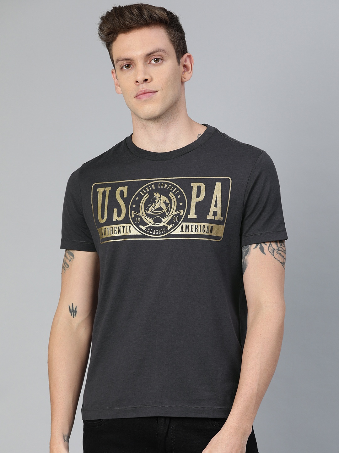 

U.S. Polo Assn. Denim Co. Men Charcoal Grey Printed Round Neck Pure Cotton T-shirt