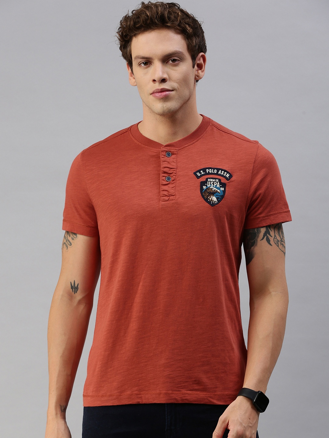 

U.S. Polo Assn. Denim Co. Men Rust Orange Solid Applique Henley Neck T-shirt