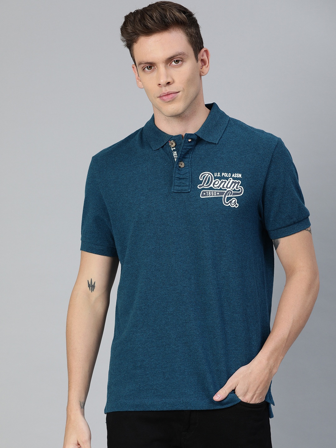 

U.S. Polo Assn. Denim Co. Men Teal Blue Solid Polo Collar T-shirt with Printed Detail