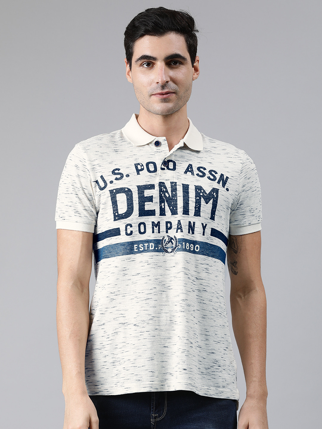 

U.S. Polo Assn. Denim Co. Men Off-White & Blue Printed Polo Collar T-shirt