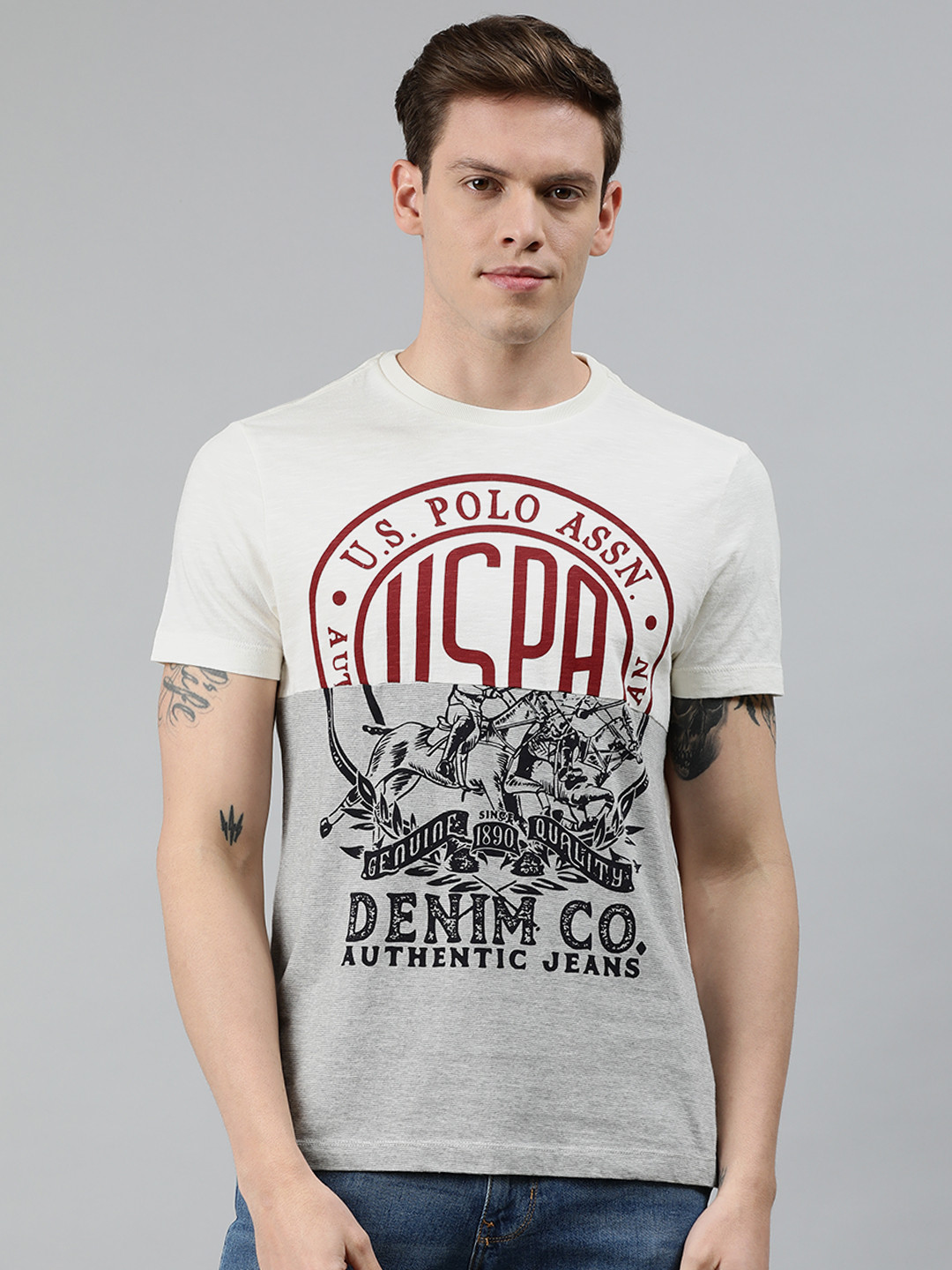 

U.S. Polo Assn. Denim Co. Men Off-White Printed Round Neck Pure Cotton T-shirt