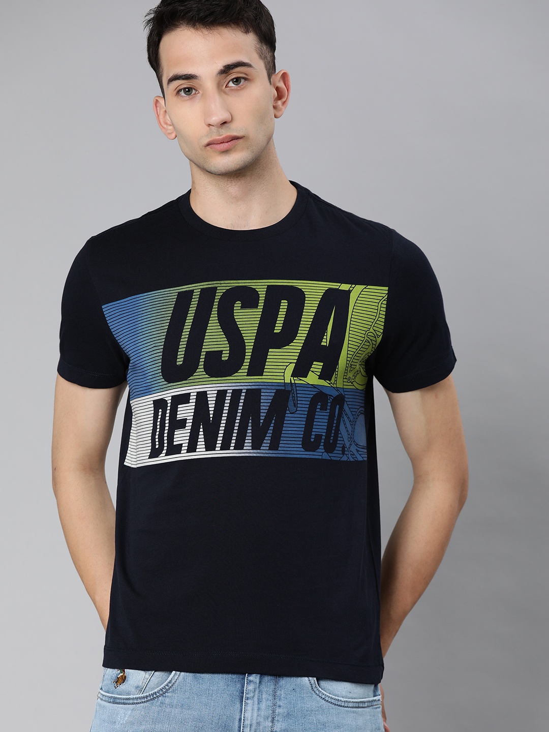 

U.S. Polo Assn. Denim Co. Men Navy Blue Printed Round Neck Pure Cotton T-shirt