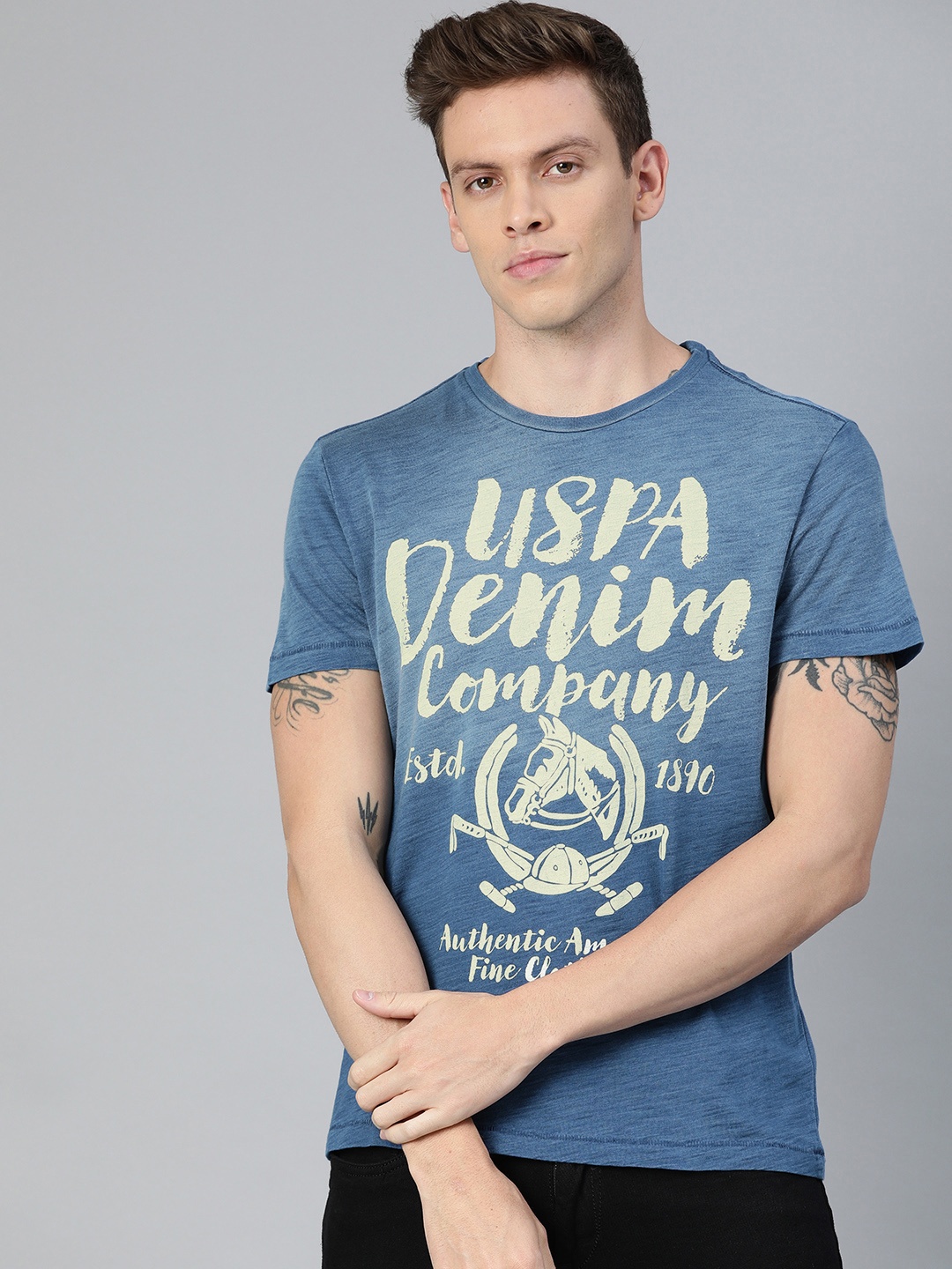 

U.S. Polo Assn. Denim Co. Men Blue Printed Round Neck Pure Cotton T-shirt