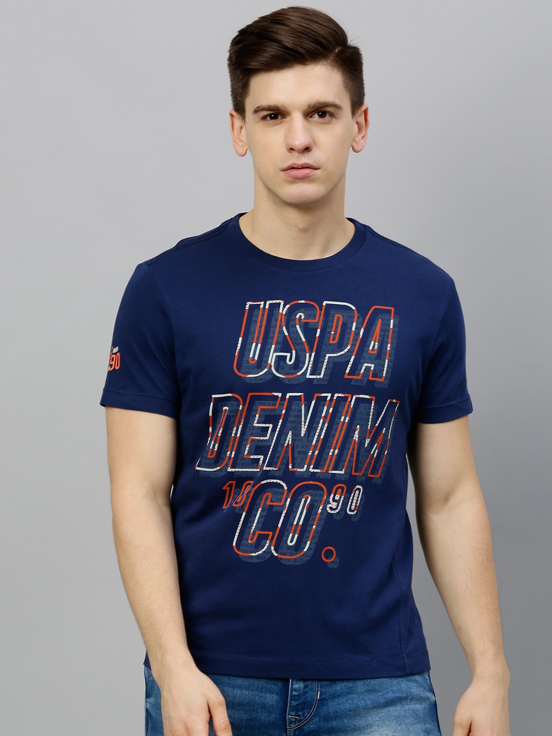 

U.S. Polo Assn. Denim Co. Men Navy Blue Printed Round Neck Pure Cotton T-shirt