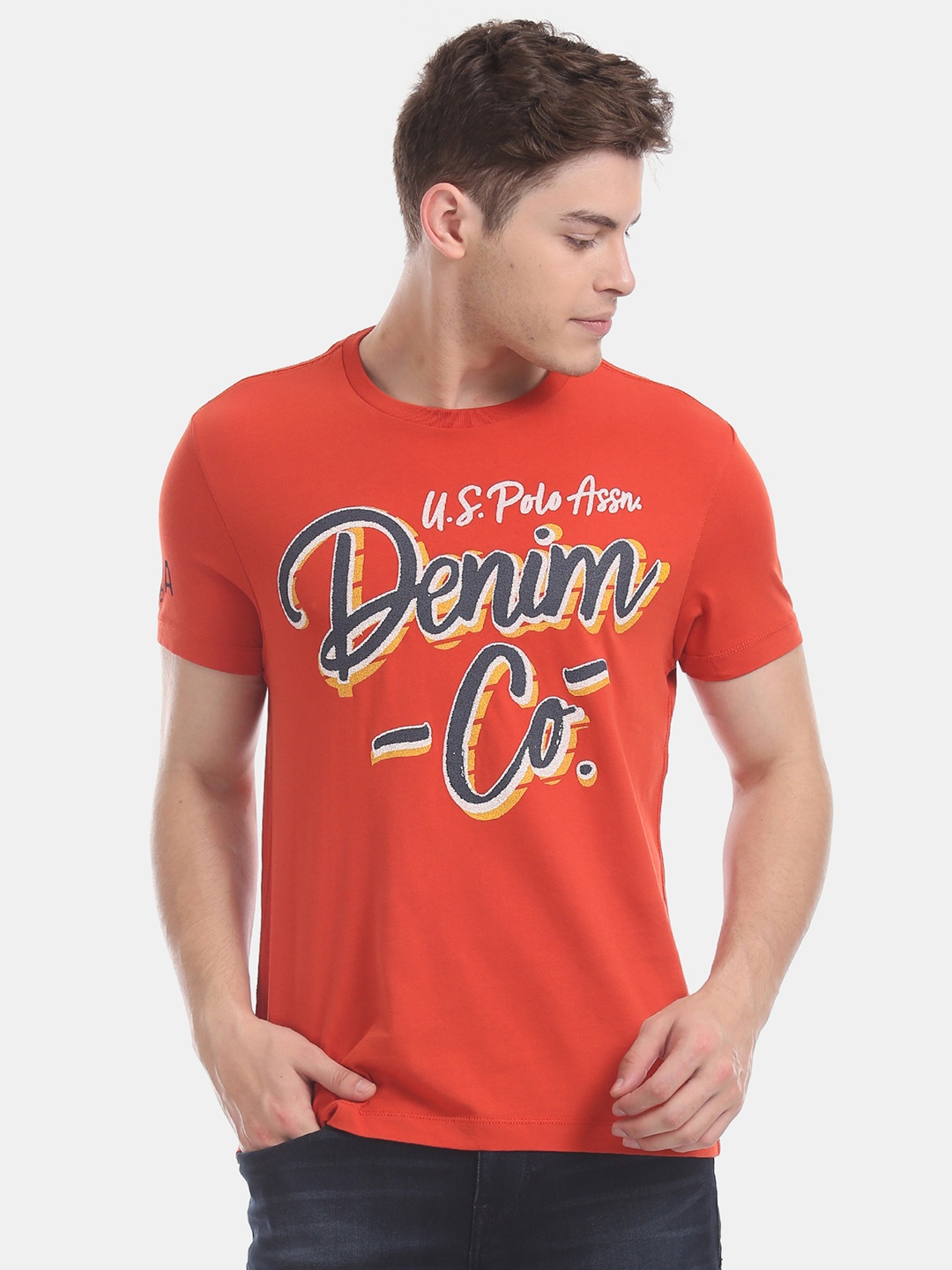 

U.S. Polo Assn. Denim Co. Men Orange Printed Round Neck T-shirt