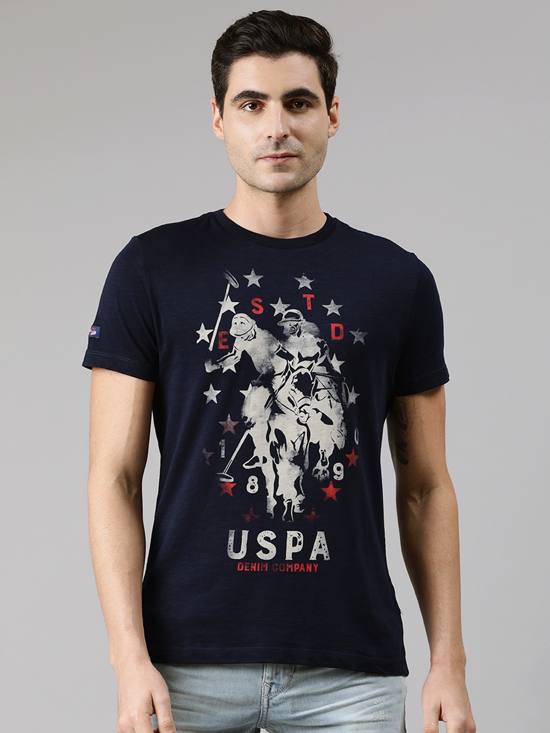 

U.S. Polo Assn. Denim Co. Men Navy Blue Off White Printed Round Neck Pure Cotton T-shirt