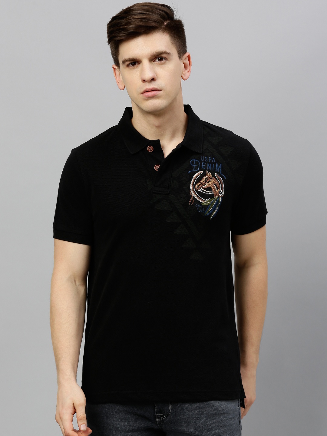 

U.S. Polo Assn. Denim Co. Men Black Solid Polo Collar Pure Cotton T-shirt