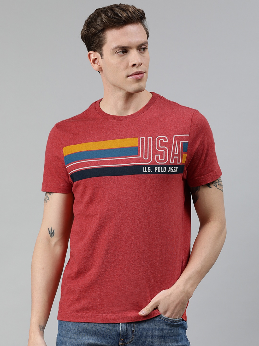 

U.S. Polo Assn. Denim Co. Men Red Striped Round Neck Pure Cotton T-shirt