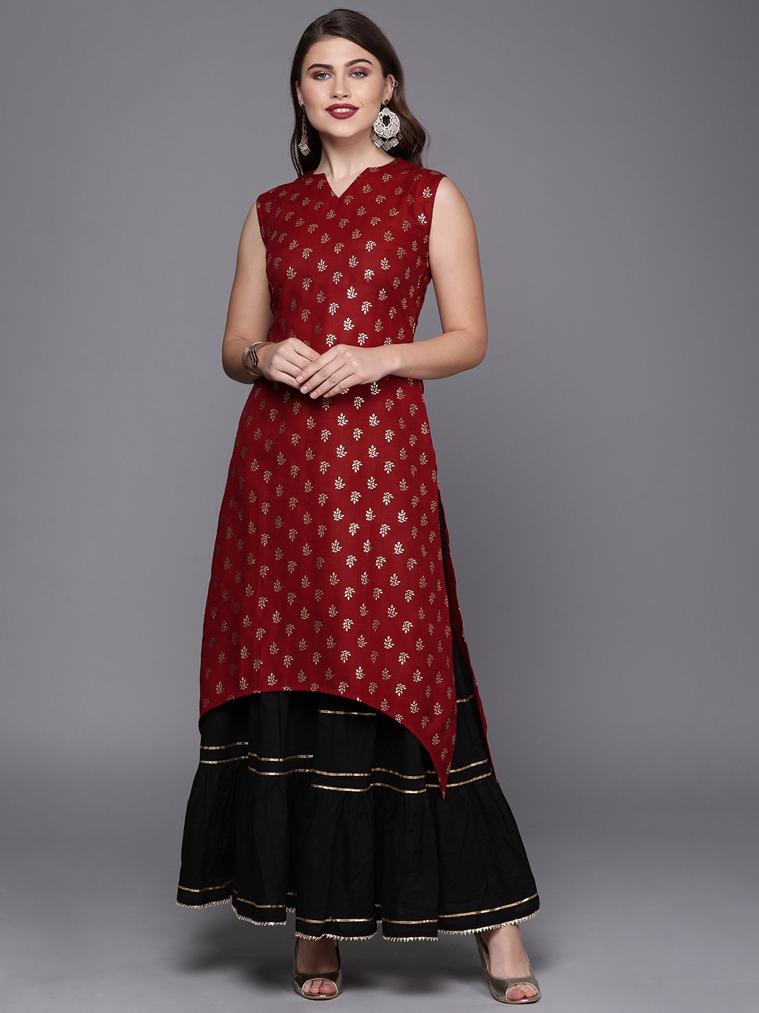 

Ethnovog Women Maroon Printed A-Line Asymmetric Kurta