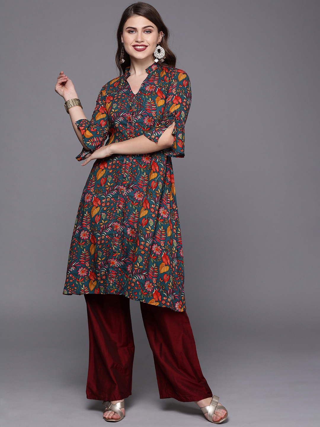 

Ethnovog Women Blue Red Printed Made To Measure A-Line Kurta