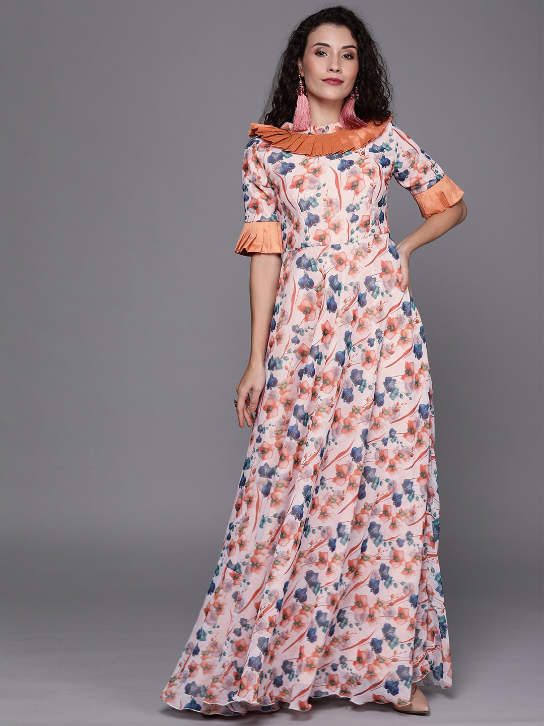 

Ethnovog Women Orange Blue Floral Printed Made To Measure Maxi Dress