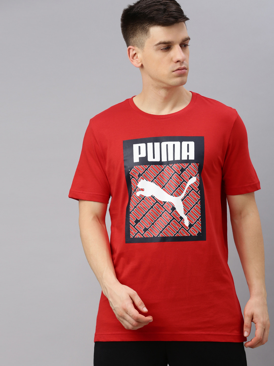 

Puma Men Red Brand Logo Printed Fill Round Neck Pure Cotton T-shirt