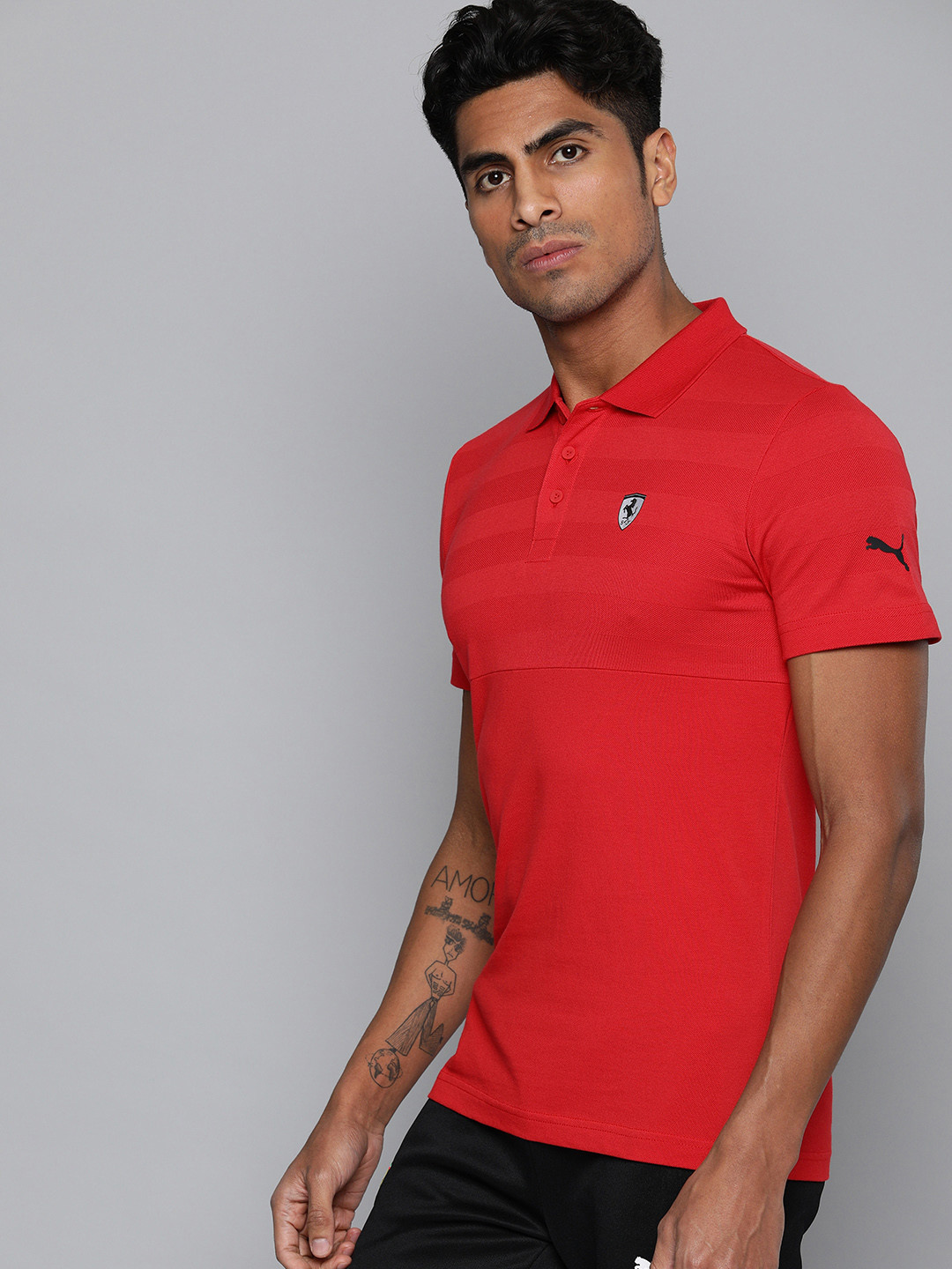 

PUMA Motorsport Men Red Self Design Scuderia Ferrari Polo Collar Pure Cotton Motorsport T-shirt
