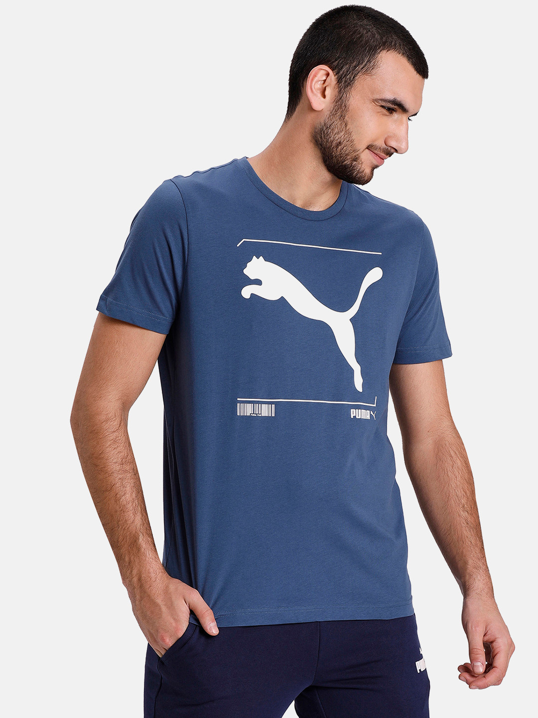 

Puma Men Blue Striped Round Neck Nu-tility Graphic Pure Cotton Tee