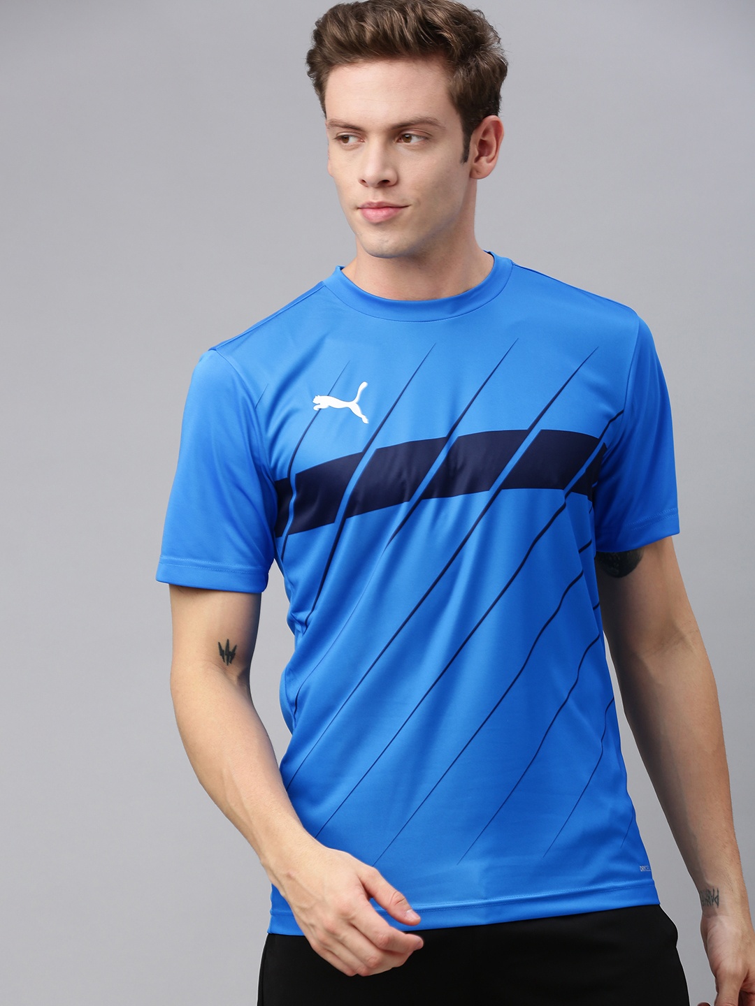 

Puma Men Blue Striped ftblPLAY Drycell Round Neck T-shirt