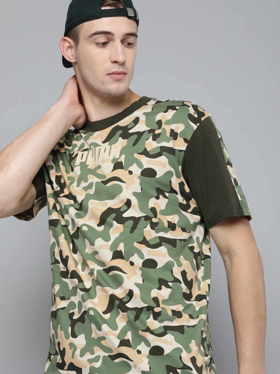 

Puma Men Green Printed Round Neck Relaxed Fit Rebel Camouflage T-shirt